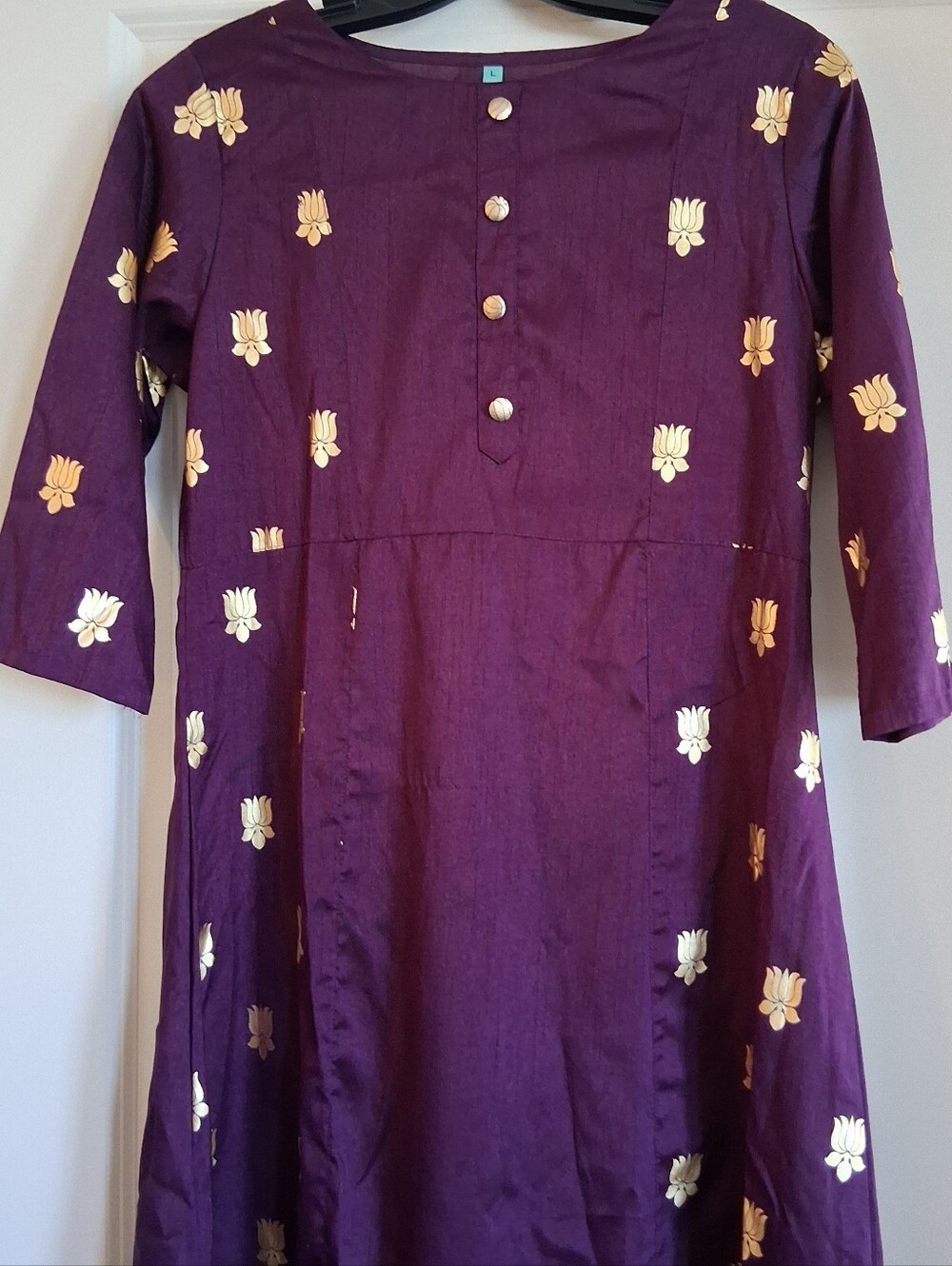 Janasya Women's Purple Gold Floral Anarkali Kurta Dress Sz 40 Med Made In India
